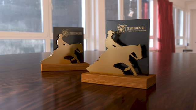 Awards aus Aluminium mit Eloxal und Holz Sockel + Logodruck
Image